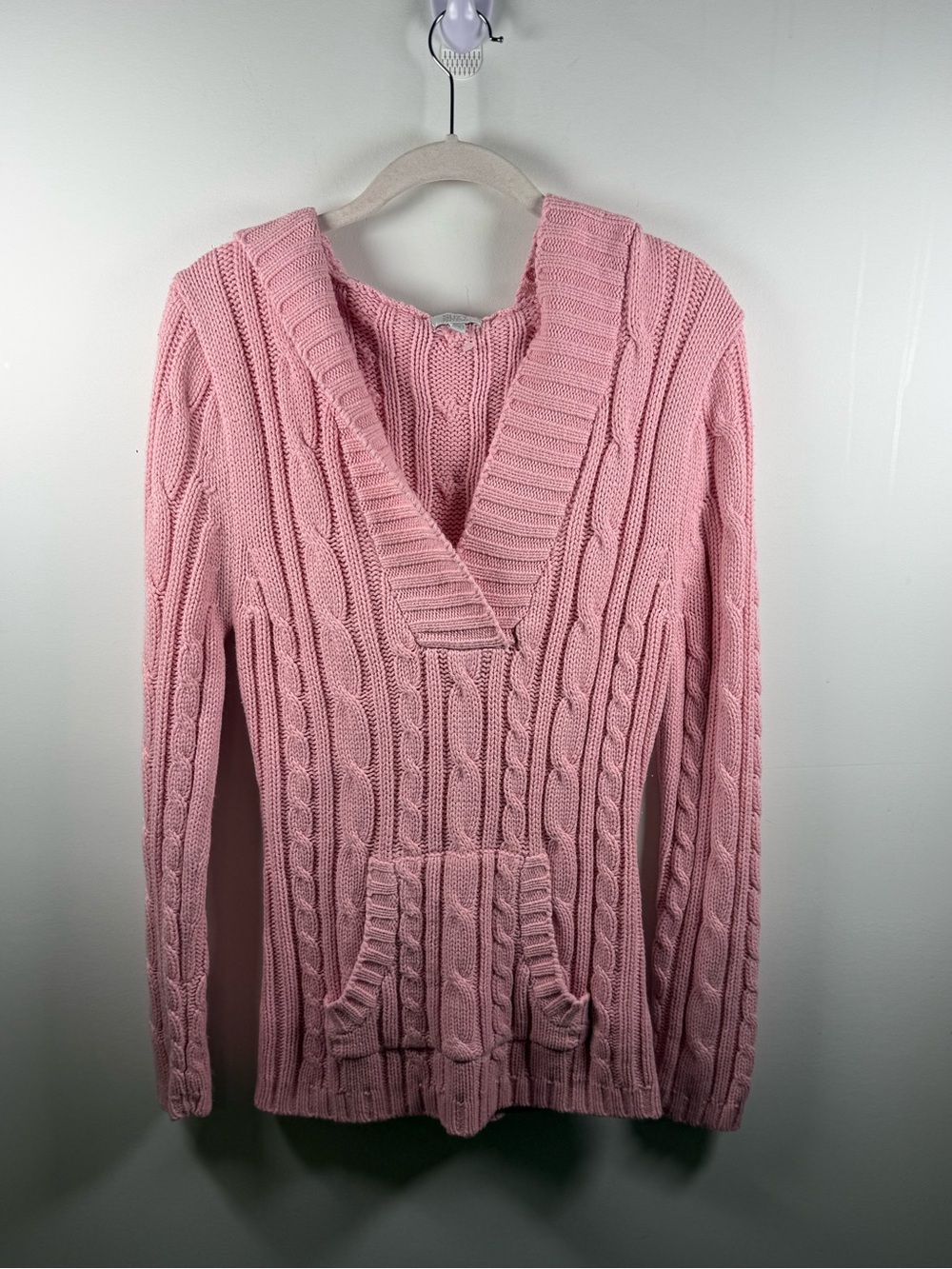 SUZY SHIER | Y2K Pink Chunky Cable Knit Hoodie Sweater Size L